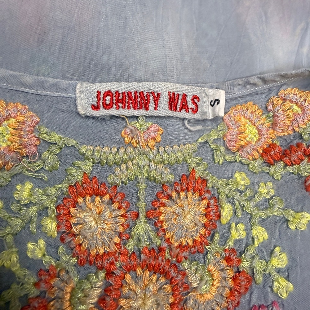 Johnny Was Lavender Embroidered Floral Mini Dress with Orange and Yellow Accents - Picture 3 of 13